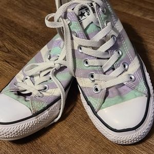 Purple white and mint striped Converse